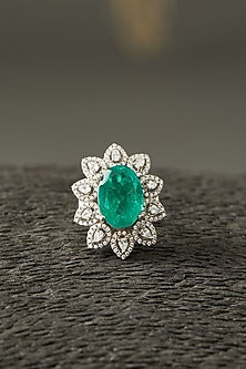 White Finish Colombian Emerald Ring In Sterling Silver