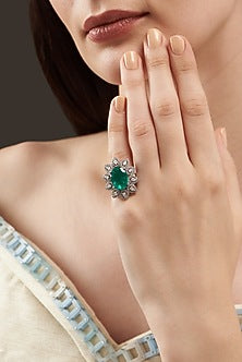 White Finish Colombian Emerald Ring In Sterling Silver