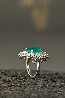 White Finish Colombian Emerald Ring In Sterling Silver