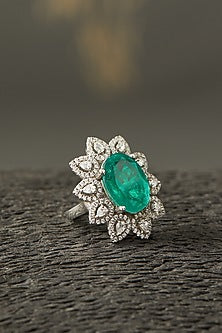 White Finish Colombian Emerald Ring In Sterling Silver