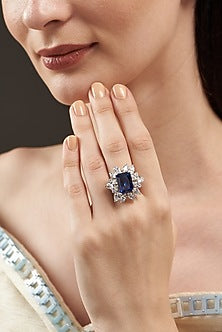 White Finish Sapphire Ring In Sterling Silver
