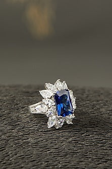 White Finish Sapphire Ring In Sterling Silver