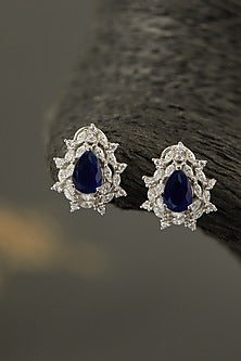 White Finish Sapphire Stud Earrings In Sterling Silver
