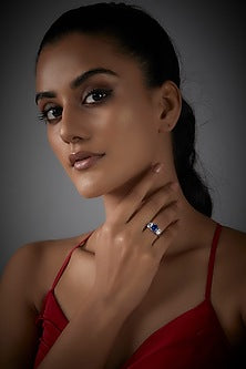 White Finish Swarovski & Synthetic Sapphire Stone Ring In Sterling Silver