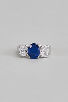 White Finish Swarovski & Synthetic Sapphire Stone Ring In Sterling Silver