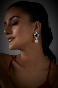 White Finish Blue Stone & Pearl Dangler Earrings In Sterling Silver