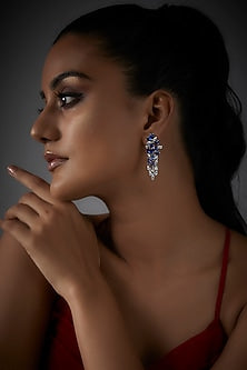 White Finish Blue Stone & Swarovski Chandelier Earrings In Sterling Silver