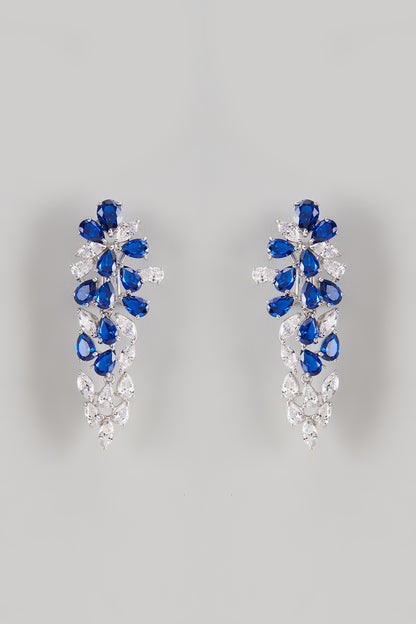 White Finish Blue Stone & Swarovski Chandelier Earrings In Sterling Silver