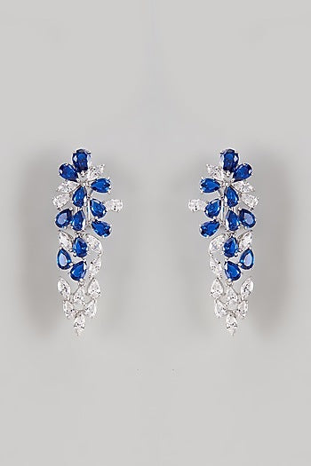 White Finish Blue Stone & Swarovski Chandelier Earrings In Sterling Silver