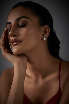 White Finish Pearl Drop & Diamond Leaf Halo Stud Earrings In Sterling Silver