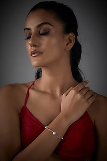 White Finish Red Enameled Stone & Pearl Tennis Bracelet In Sterling Silver