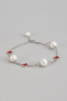 White Finish Red Enameled Stone & Pearl Tennis Bracelet In Sterling Silver