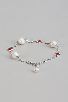 White Finish Red Enameled Stone & Pearl Tennis Bracelet In Sterling Silver