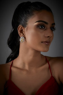 White Finish Yellow Pear Drop & Diamond Stud Earrings In Sterling Silver