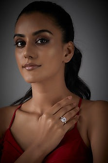 White Finish Swarovski Baguette Stone Ring In Sterling Silver