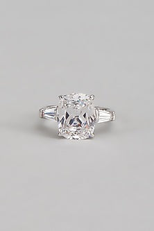 White Finish Swarovski Baguette Stone Ring In Sterling Silver
