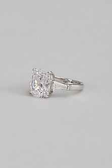 White Finish Swarovski Baguette Stone Ring In Sterling Silver