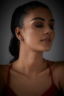 White Finish Swarovski Stone & Diamond Hoop Earrings In Sterling Silver