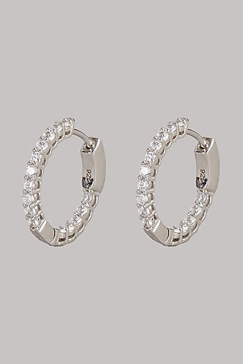White Finish Swarovski Stone & Diamond Hoop Earrings In Sterling Silver