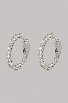 White Finish Swarovski Stone & Diamond Hoop Earrings In Sterling Silver