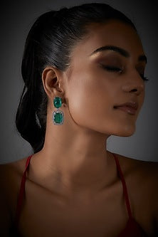 White Finish Green Drops & Diamond Dangler Earrings