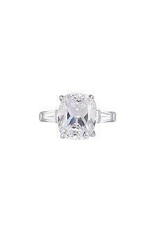 White Finish Baguette Diamond Ring In Sterling Silver