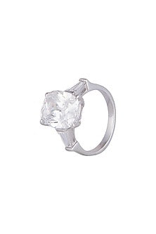 White Finish Baguette Diamond Ring In Sterling Silver