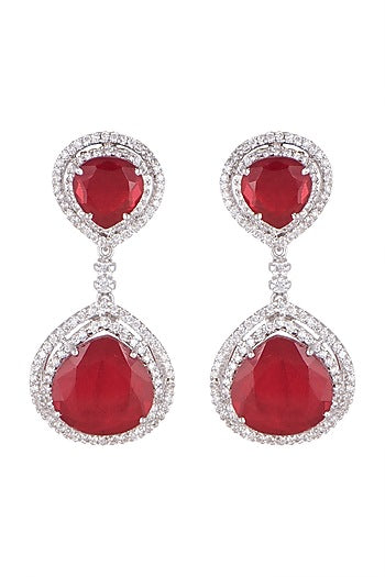 White Finish Ruby Long Earrings In Sterling Silver