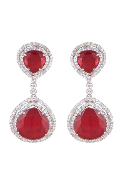 White Finish Ruby Long Earrings In Sterling Silver