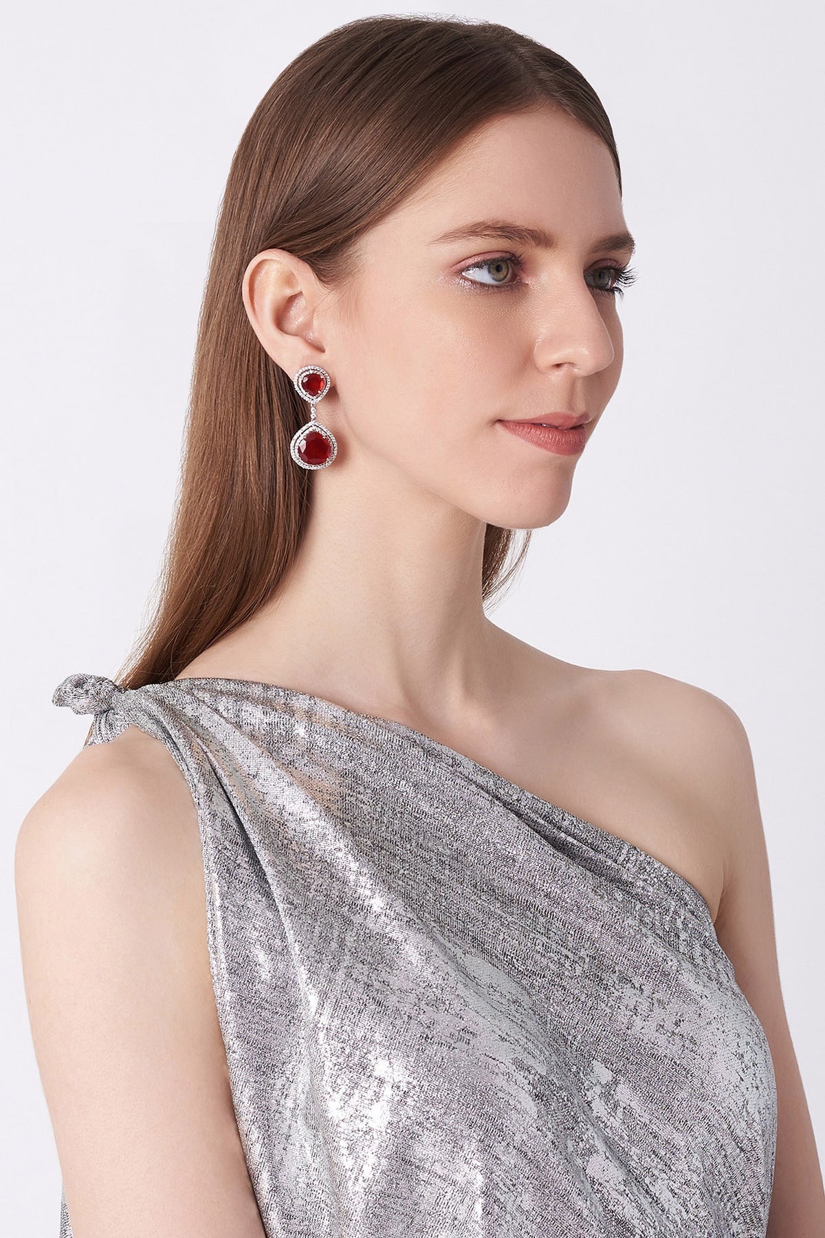 White Finish Ruby Long Earrings In Sterling Silver