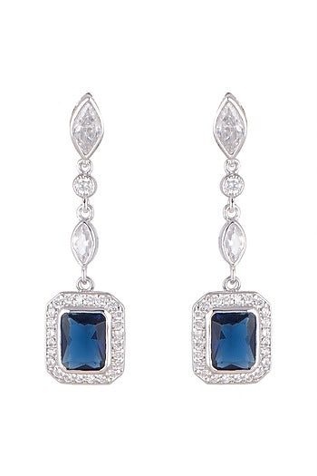 White Finish Blue Sapphire Earrings In Sterling Silver