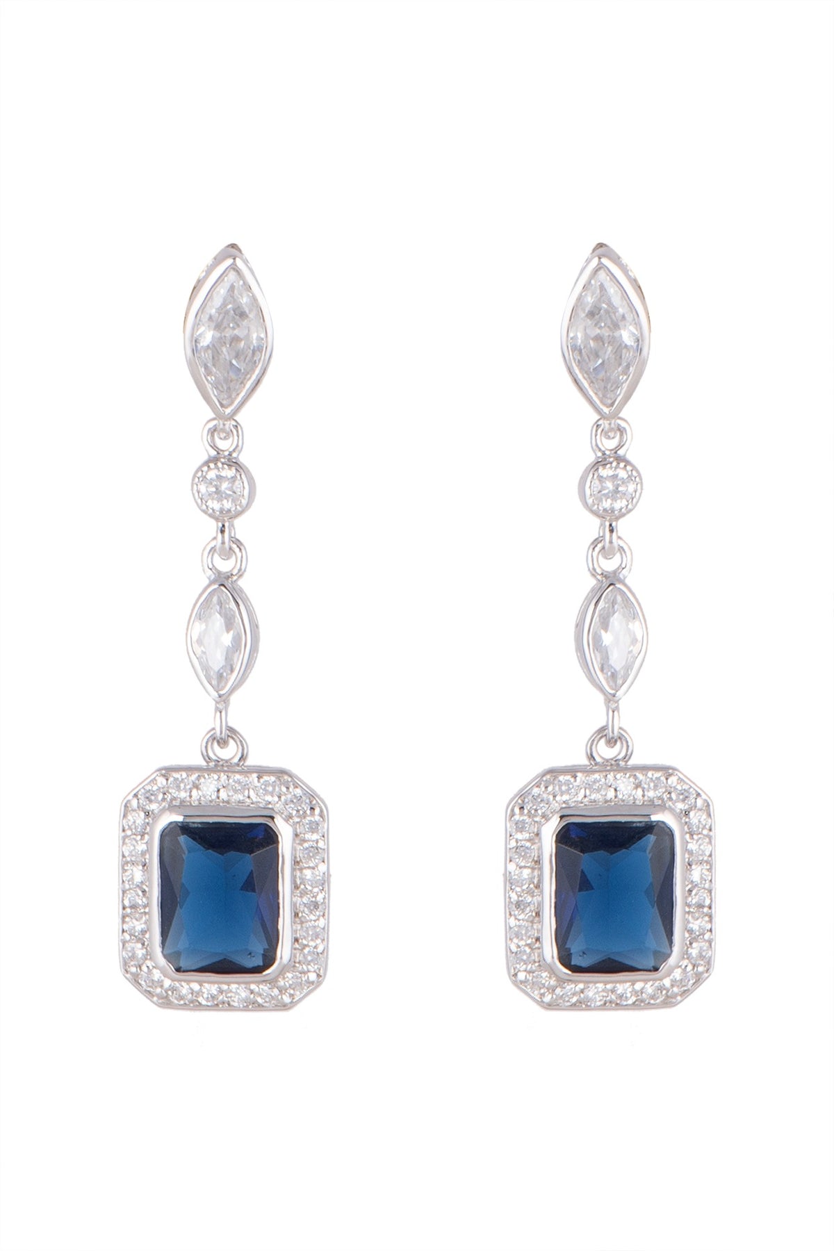White Finish Blue Sapphire Earrings In Sterling Silver