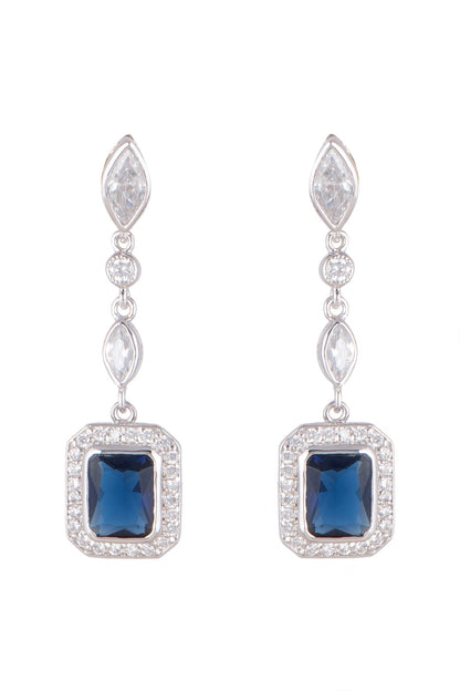White Finish Blue Sapphire Earrings In Sterling Silver