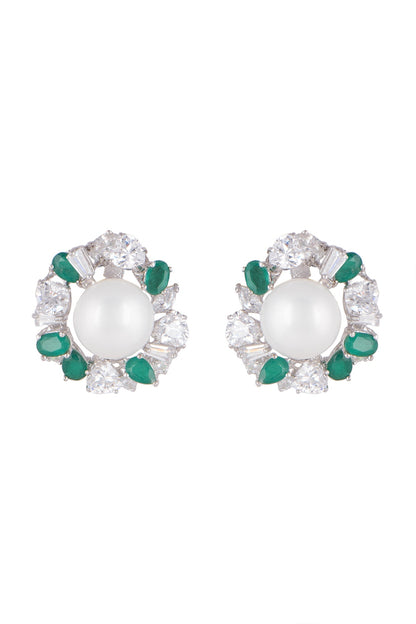 White Finish Pearl Stud Earrings In Sterling Silver