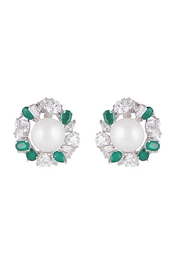 White Finish Pearl Stud Earrings In Sterling Silver