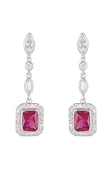 White Finish Ruby Hanging Earrings In Sterling Silver