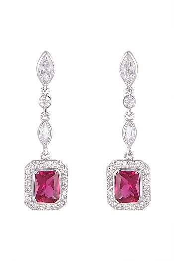 White Finish Ruby Hanging Earrings In Sterling Silver