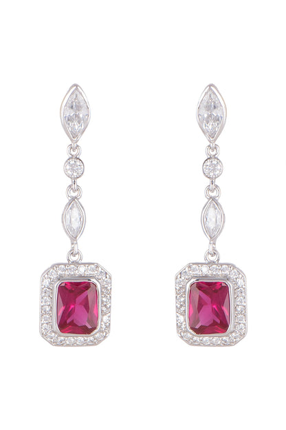 White Finish Ruby Hanging Earrings In Sterling Silver