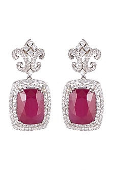 White Finish Ruby & Zircon Stud Earrings In Sterling Silver