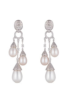 White Finish Pearl Chandelier Earrings In Sterling Silver