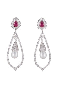 White Finish Ruby & Pearl Chandelier Earrings In Sterling Silver