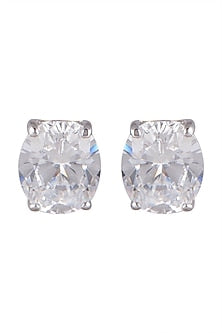 White Finish Oval Solitaire Earrings In Sterling Silver