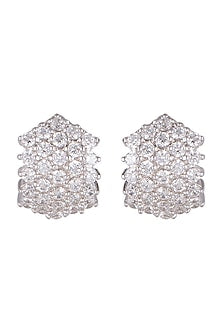 White Finish Bali Style Earrings With Cubic Zircons In Sterling Silver