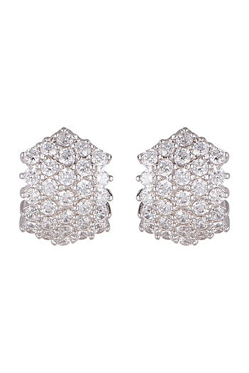 White Finish Bali Style Earrings With Cubic Zircons In Sterling Silver