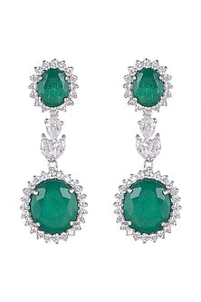 White Finish Emerald Long Earrings In Sterling Silver