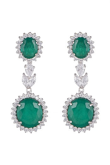 White Finish Emerald Long Earrings In Sterling Silver