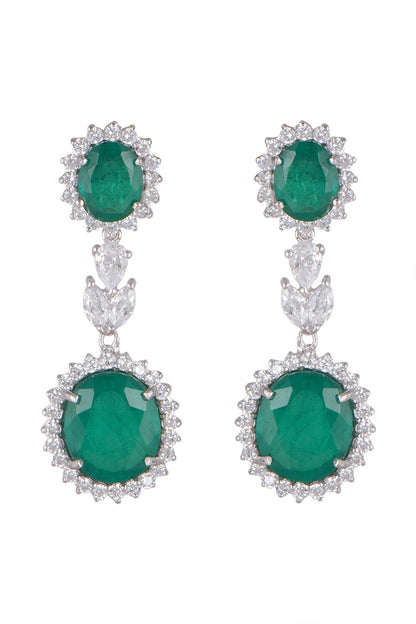 White Finish Emerald Long Earrings In Sterling Silver