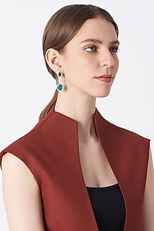 White Finish Emerald Long Earrings In Sterling Silver