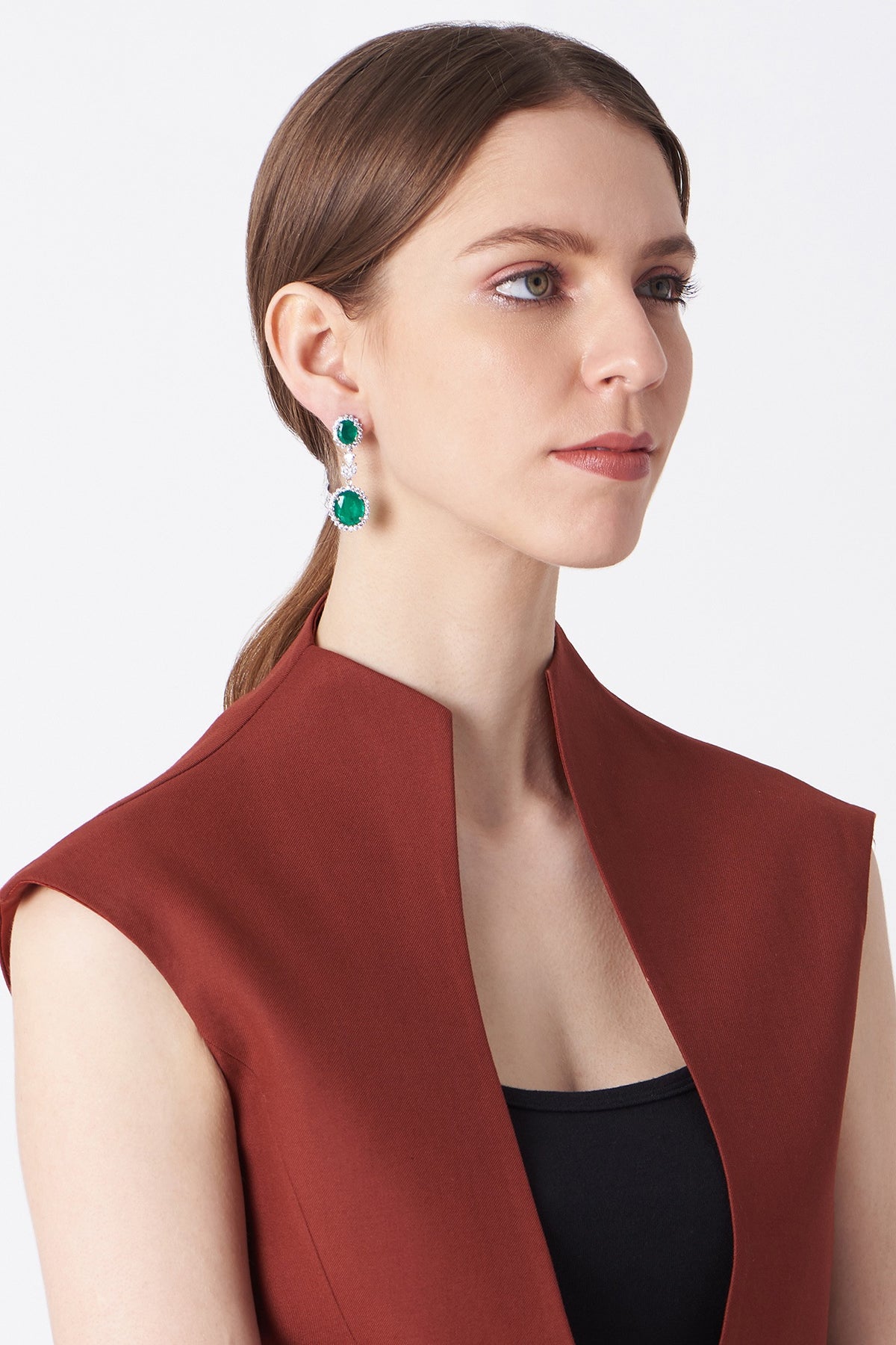 White Finish Emerald Long Earrings In Sterling Silver