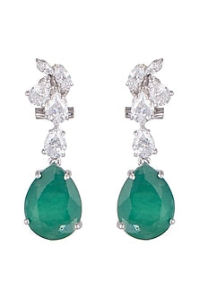 White Finish Cubic Zircons & Emeralds Earrings In Sterling Silver